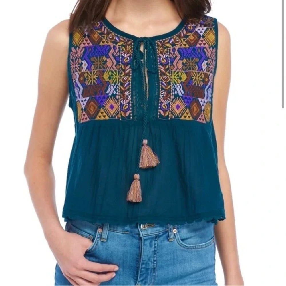 Free People Lohri Embroidered Teal Top